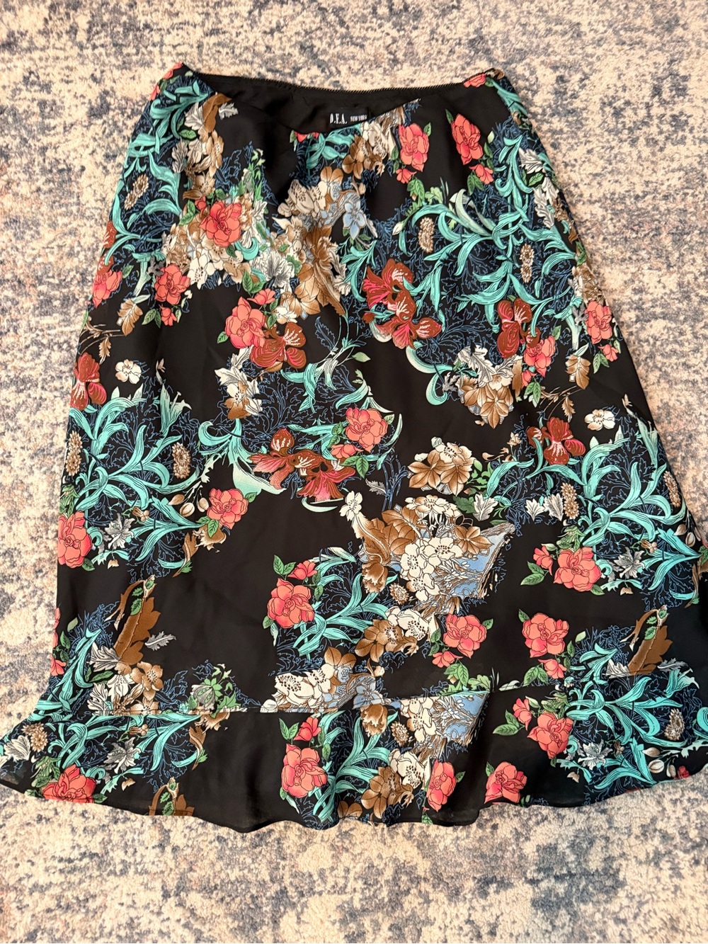 Floral A-Line Midi Skirt - Black with Teal & Coral Floral Print
